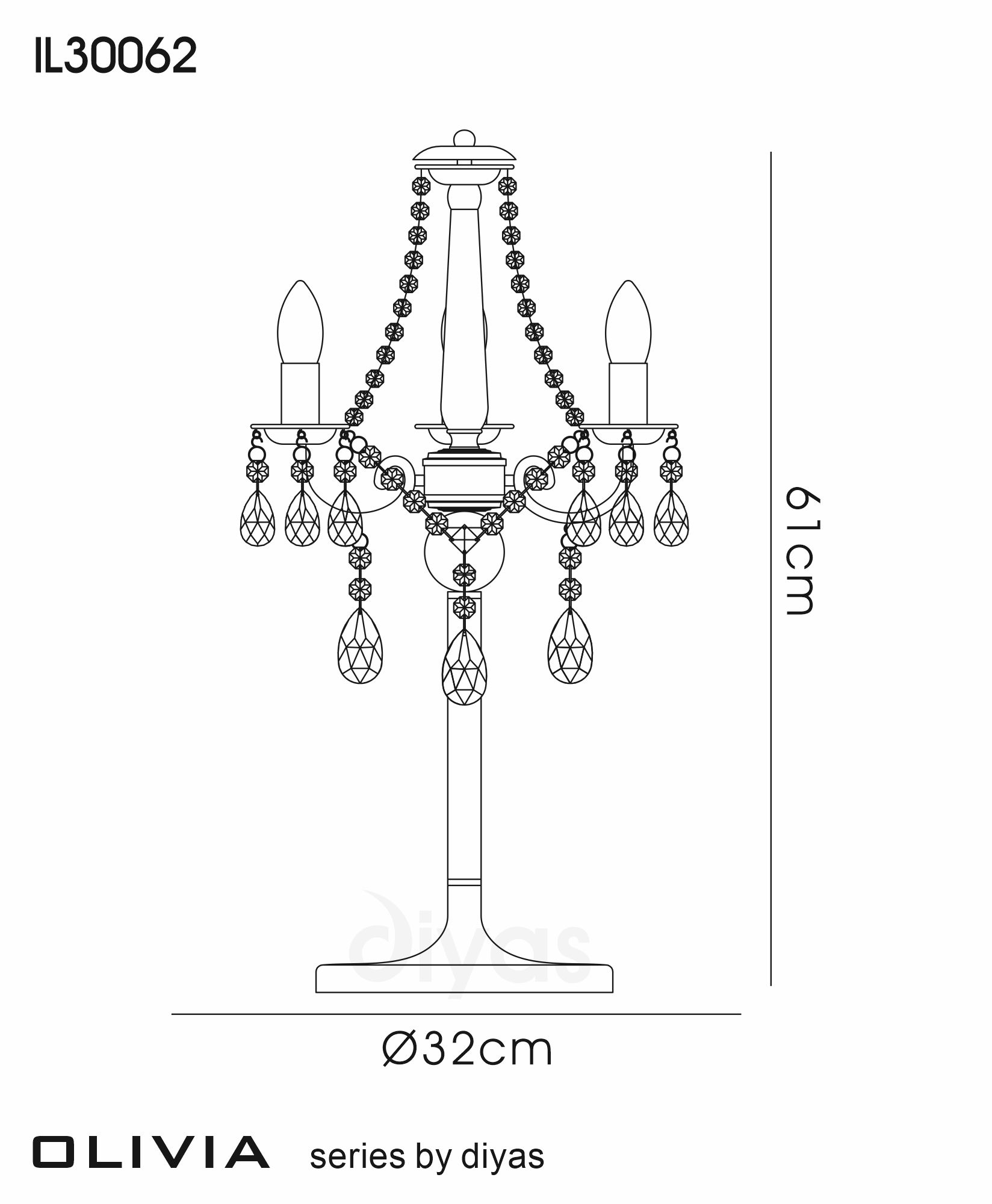 Olivia Crystal 61cm 3 Light Table Lamp IL30062/WH  Diyas Olivia Polished Chrome-White